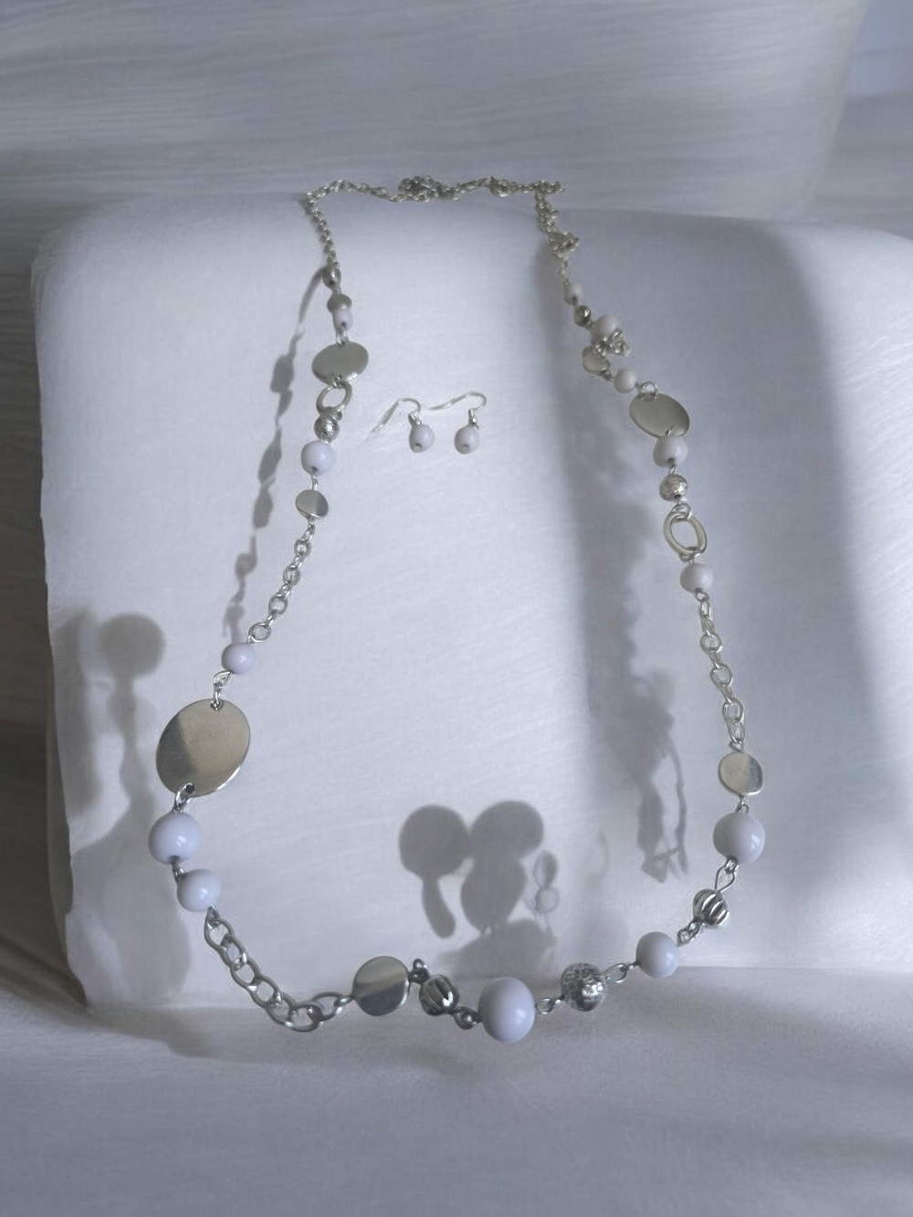 Silver and White Bead Necklace with Matching Earrings
